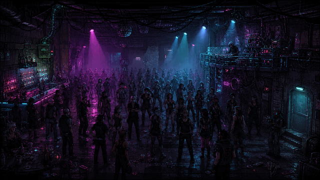 A crowded nightclub floor in neon light