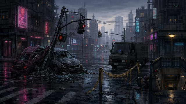 A rain-slick crossing under neon signs