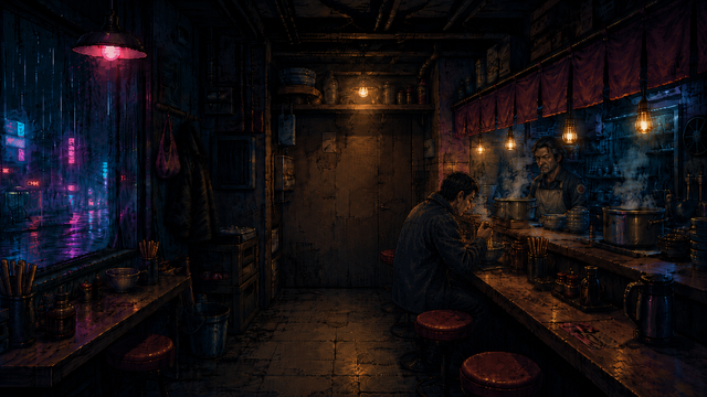 A canal-side noodle bar at night