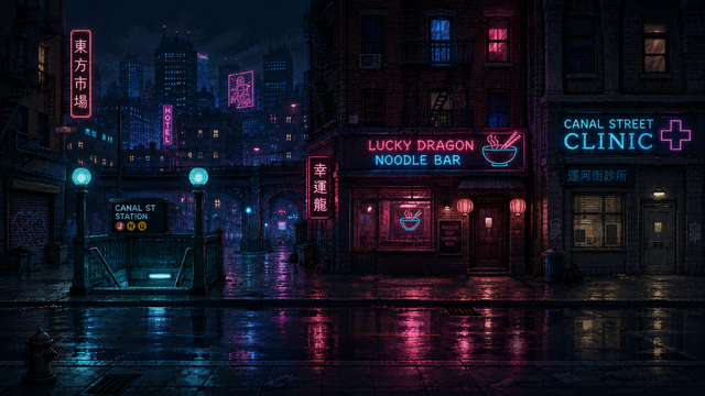 A rain-slick street under neon signs