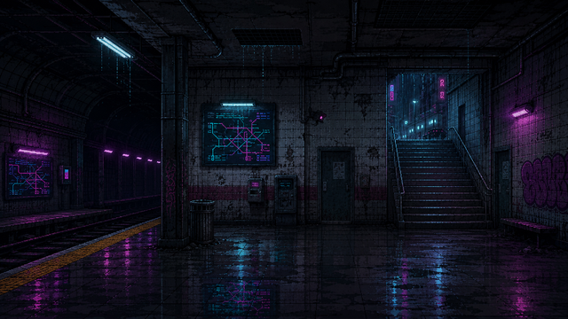 A subway tunnel at night